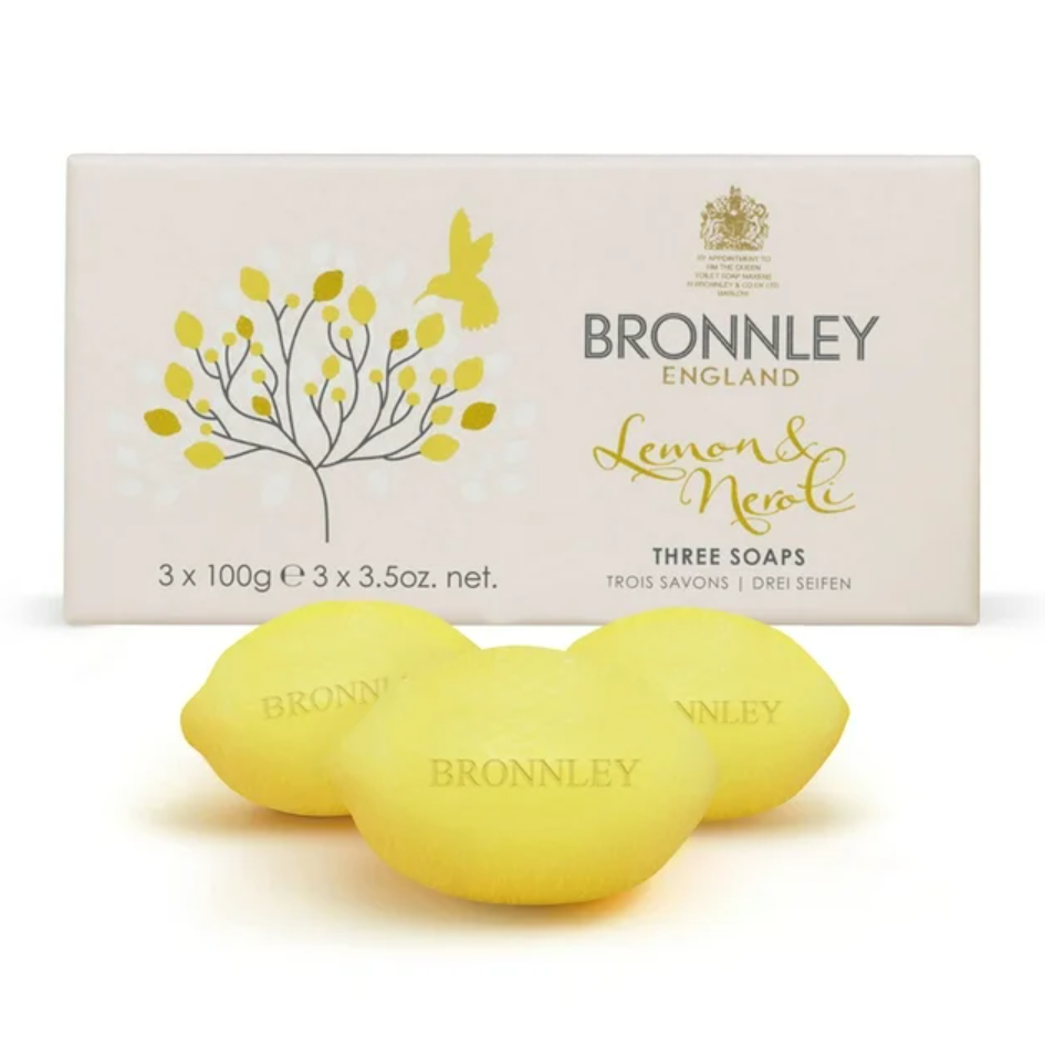 [Bronnley England] Jabones en barra de limón, tres barras de jabón veganas de triple molienda, jabones de regalo en caja reciclable sin plástico, jabones en barra de 3x3.5 oz